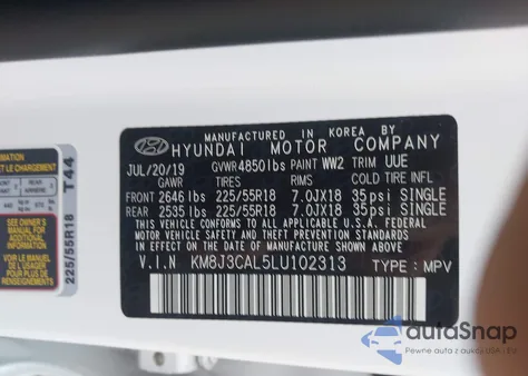 2020 Hyundai Tucson Ultimate from USA, damaged, VIN KM8J3CAL5LU102313